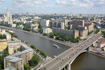 Beautiful cityscape with bridge and river, blue sky
