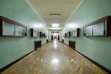 Corridor with glass information displays