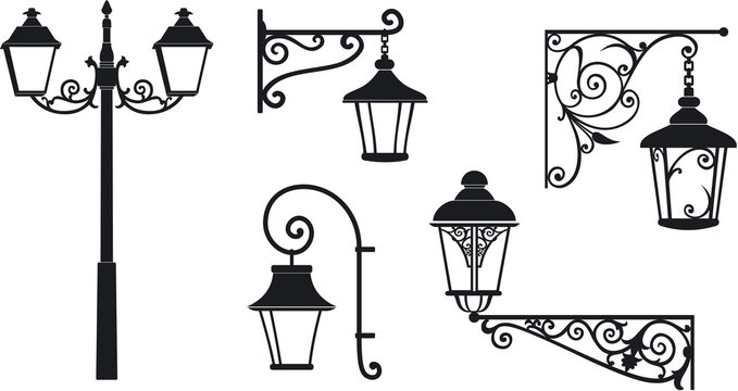Iron wrought lanterns with decorative ornaments. Vector