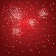 Glowing starry fireworks on red background.