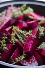 Food: Raw Beetroot and Thyme in a Tagine, ready to be stewed