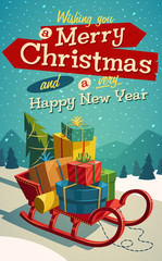 Open sleigh with bunch of gifts. Merry Christmas illustration.
