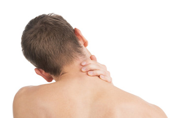 Naklejka premium Pain Neck. The back of Man. Isolated on white