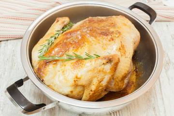 Roast turkey in pan, with its own juices