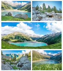 Collage of panorama of spectacular scenic Big Almaty Lake