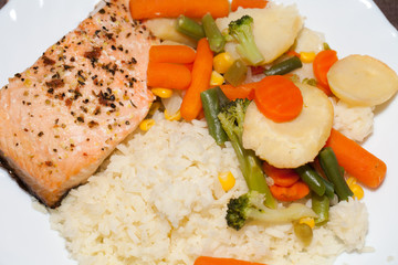 The healthy diet. The salmon with vegetables