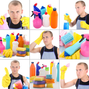 collage of man doing cleaning work
