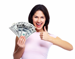 Happy young woman with money.