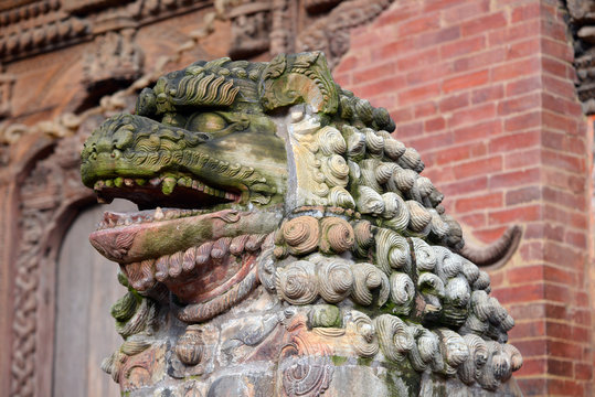 Buddhist lion statues protecting a temple in Bhaktapur, Nepal