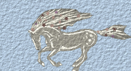 Postcard with a running gray horse