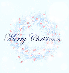 cold snowy christmas background with holly wreath