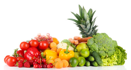 Assortment of fresh fruits and vegetables, isolated on white