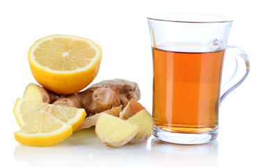 Cup of tea with ginger isolated on white