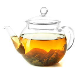 Teapot of green tea isolated on white