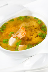 Asian noodle soup with fungus   and shrimp in fron