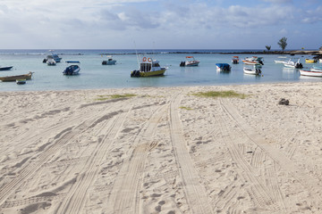 Fishing boats in sea at sandy beach on Mauritius island