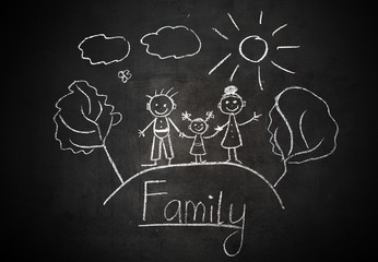 child's drawing with chalk on  school blackboard happy family