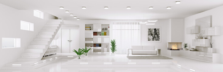 Fototapeta na wymiar White apartment panorama interior 3d render