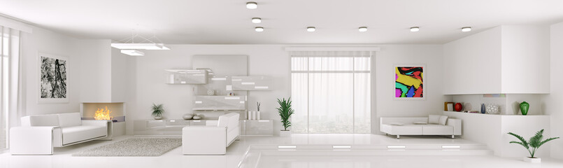 White apartment panorama interior 3d render