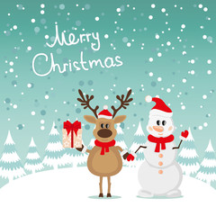 Postcard Snowman and Reindeer
