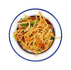 A plate of noodles and vegetables on a white background