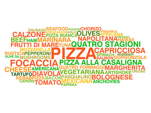 Traditional Italian Pizza Types. Word Cloud Concept