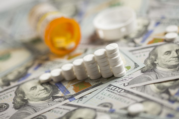 Medicine Pills Stacked on Newly Designed One Hundred Dollar Bill