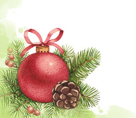 Obraz na płótnie Canvas Watercolor Christmas ball and pine with decorations