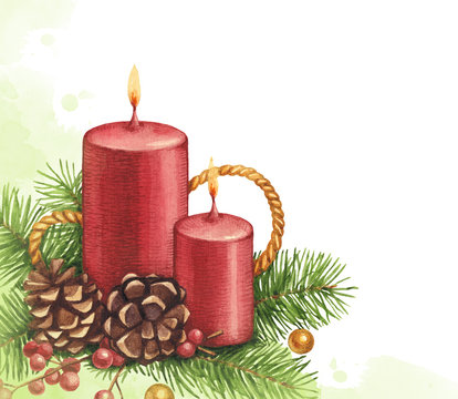 Watercolor christmas illustration. Candle and pine