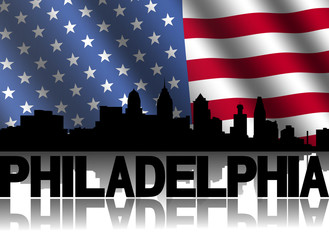 Philadelphia skyline text rippled American flag illustration