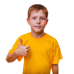 blond boy kid in yellow shirt holding a thumbs-up, showing the