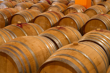 Oak wine barrels in a winery celar