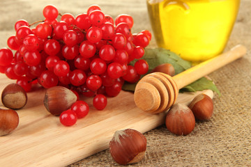 Red berries of viburnum with honey and nuts
