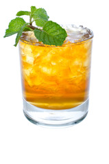 glass of ice tea with mint on white background