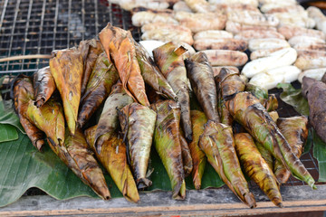 Rice toast in banana leaf