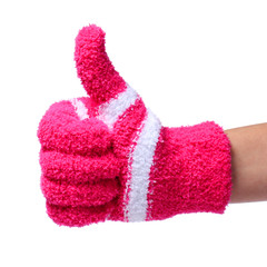 Thumb Up. Hand in Knitted Red Gloves isolated