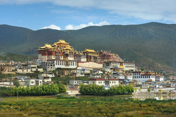 Tibetan monastery in China during sunset