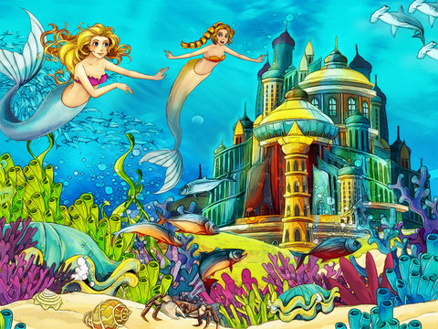 The ocean and the mermaids - illustration