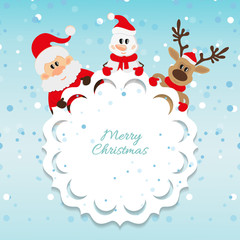Santa Claus, snowman and reindeer blue background