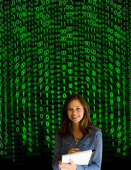 Nerd computer businesswoman on matrix binary background