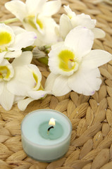 health spa setting –white orchid with burning candle on mat


