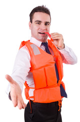 Man in life jacket isolated on white