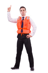 Man in life jacket isolated on white