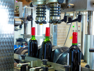 red wine in bottling machine at winery