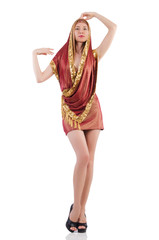 Girl dancing belly dance on white