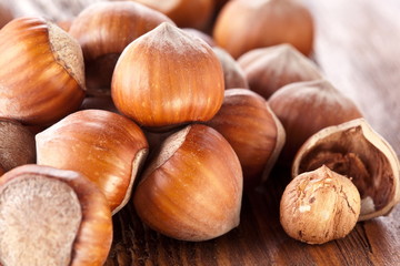 Filberts on a wooden table. Close-up shot.