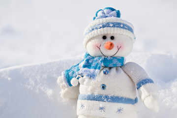 Little snowman with carrot nose in the snow.