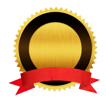 gold seal medal with red ribbon isolated