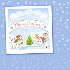 Christmas card with rural landscape and snowflakes