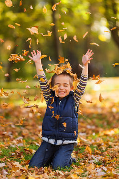 Happy boy with autumn leaves